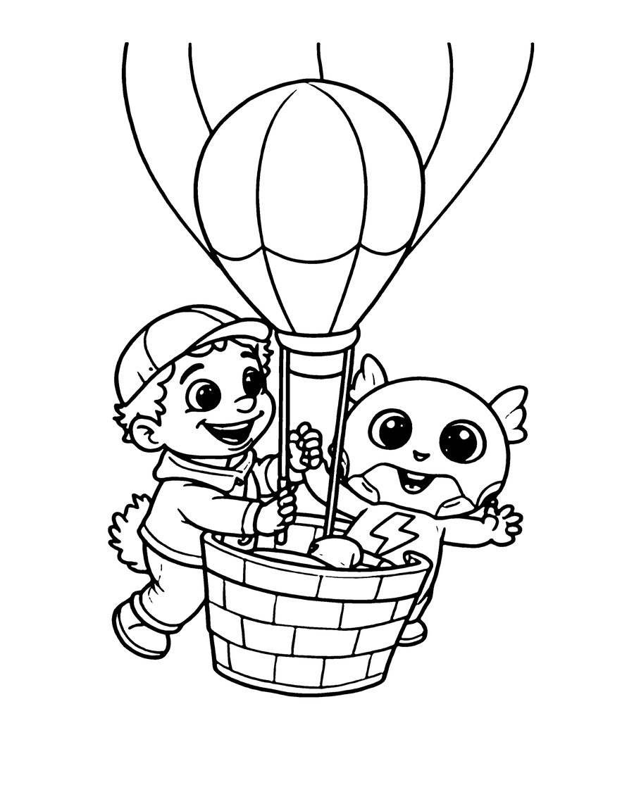 Coloring page: Donald and Pixel waving from their hot-air balloon basket