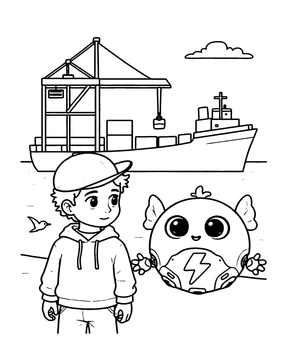 Coloring page: Donald and Pixel at a busy harbor with a cargo ship